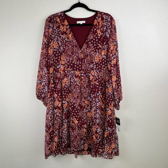 Sandra Darren Burgundy Floral Balloon Sleeve V-Neck Babydoll Mini Dress 12 NWT - Picture 14 of 15
